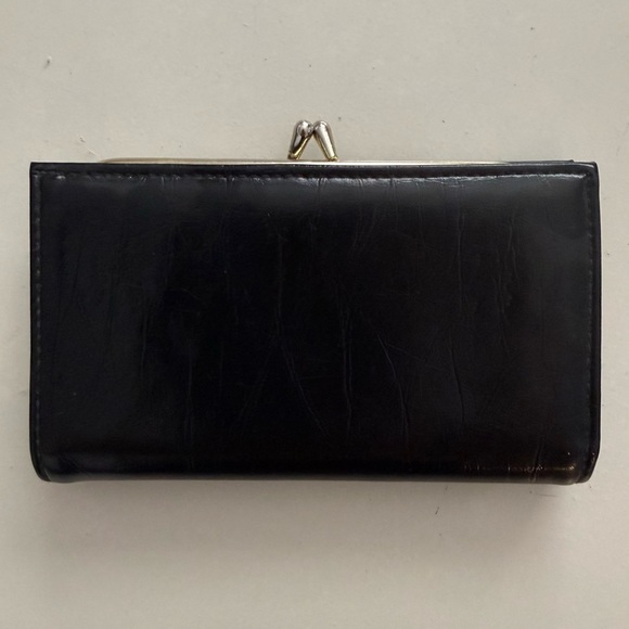 Vintage Black Leather Trifold Wallet Gold Kiss-Lock & Filigree Detail Luxury - Picture 6 of 7